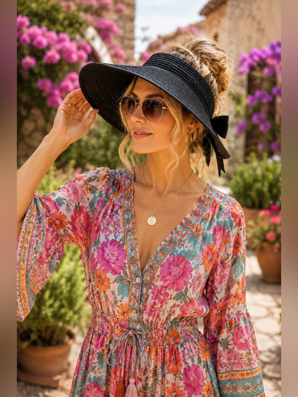 Black Wide Brim Sun Visor Hat | Packable Beach Hat | Adjustable Velcro | Resort